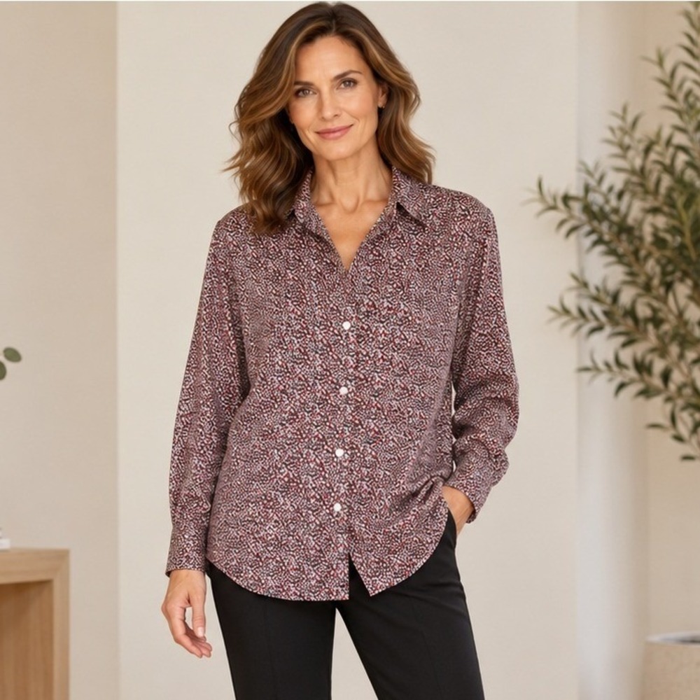 Grayson The Hero Button Down Shirt Womens Size 02 Navy Red Micro Print Lyocell